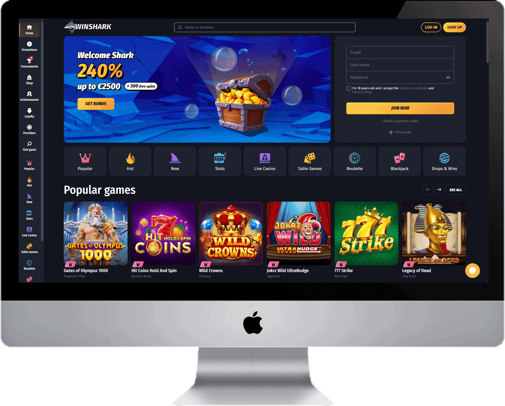 Bewertung der WinShark Casino-Website